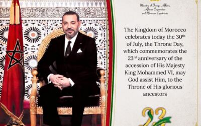 The Kingdom of Morocco celebrates today the Throne Day, which commemorates the 23rd anniversary of the accession of His Majesty King Mohammed VI, may God assist Him, to the Throne of His glorious ancestors